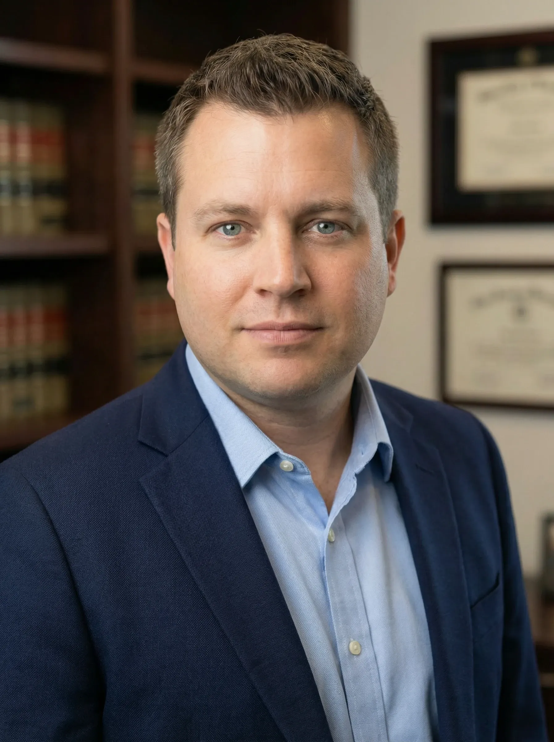 AI attorney headshot — man in a navy blazer and light blue shirt in a law office